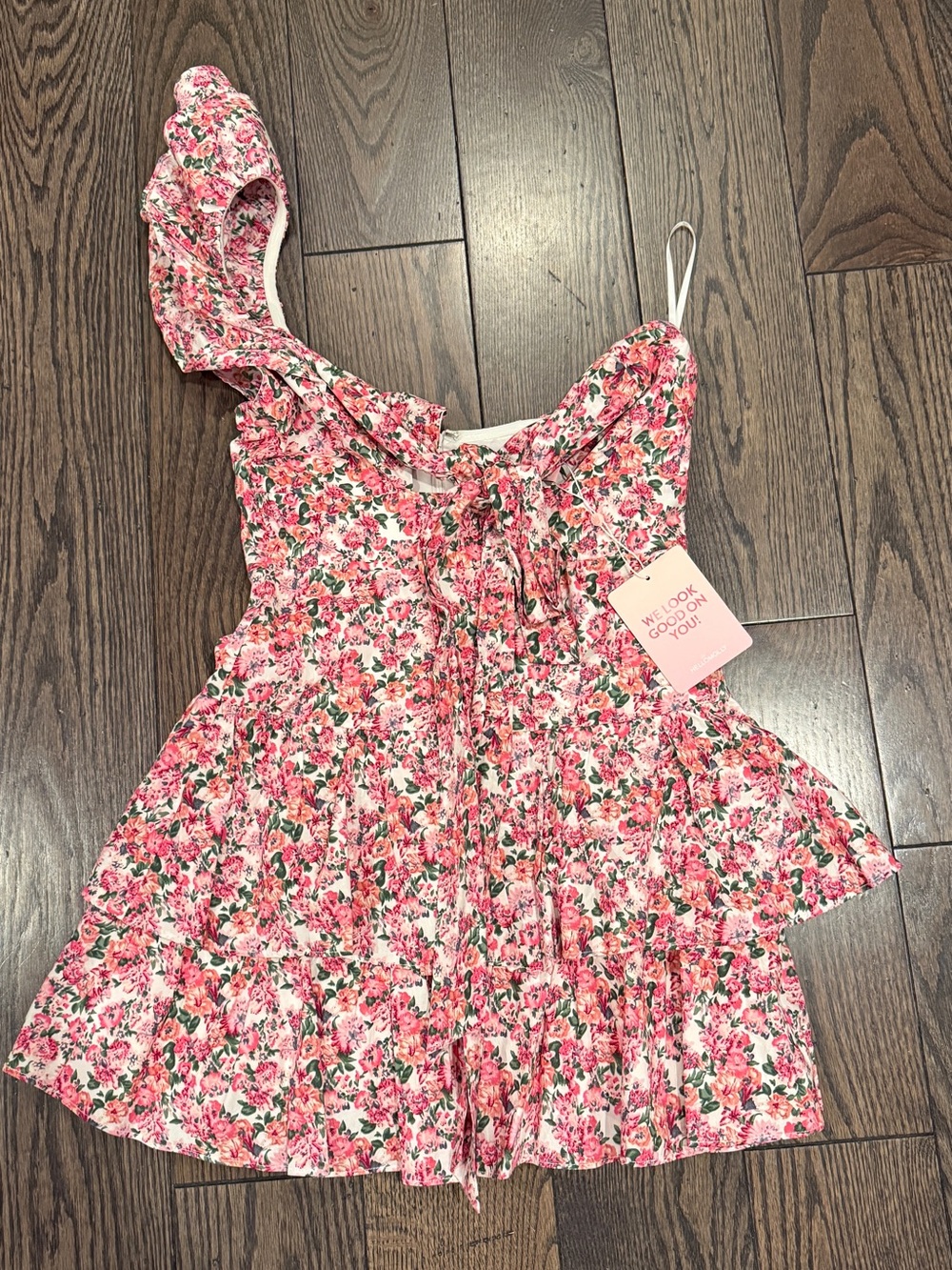NWT One-Shoulder Pink Floral Ruffle Mini Dress - Picture 2 of 3